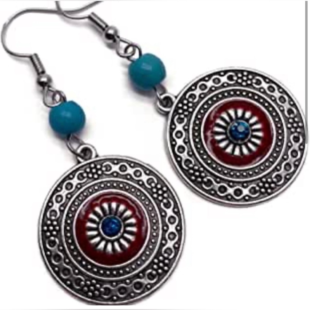 EARRINGS WESTERN BOHO Silver, Turquoise & Red NEW